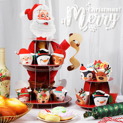 Perthlin 108 Pieces Christmas Cupcake Toppers Wrappers Snowman Santa Claus Reindeer Elf Penguin Gingerbread Christmas Tree Cake Decorations Cupcake Picks Liners for Xmas Holiday Party Supplies Favors
