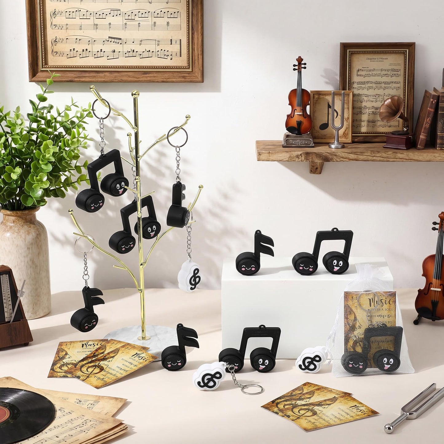 Junkin 24 Sets Music Note 3D Printed Clicker Fidget Keychains with Cards and Organza Bags- Stress Relief Key Rings for Graduation Gift, Music Party Favors, Students, Teachers, Birthday Gift