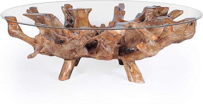CHIC TEAK Genuine Teak Wood Root Coffee Table Including 55 Inch Round Glass Top Made