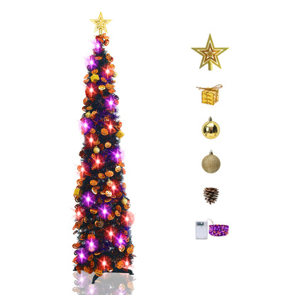 Halloween Tree Decorations with 100LED Lights 5FT Pop Up Tree with Hanging Pumpkin＆12 Pcs Ornaments, Tinsel Collapsible Artificial Pencil Tree Holiday Decoration for Home, Black Purple