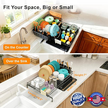 4-in-1 Extendable Dish Drying Rack, Large Capacity Modular Organizer System, Tool-Free Dish Drainer with Self-Draining Tray, Universal Fit & Rust-Resistant Dish Racks for Kitchen Counter