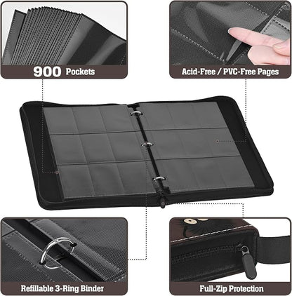 9-Pocket Trading Card Binder & Sports Card Book, 3-Ring Zipper Album Holds 900 Cards with 50 Removable Pages, Fits Standard 2.5" x 3.5" Game & TCG Cards, Water-Resistant PU Cover | 3-Ring Zipper Album, Holds 900 Cards, 50 Removable Pages, Fits 2.5" x 3...
