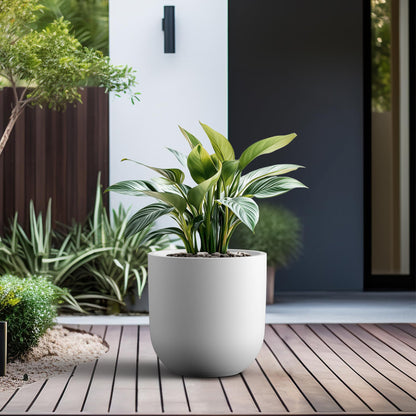 Kante 11.0" Round Concrete Planter, Large Cylinder Plant Pot with Curved Bottom and Drainage Hole, for Indoor and Outdoor Use – Garden or Patio, White Finish with Painted Interior