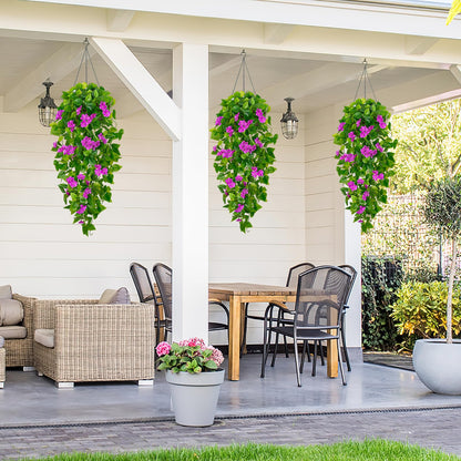 BLEUM CADE Artificial Hanging Flowers for Outdoors, 4pcs Fake Hanging Plants Pothos Vines with Purple Flowers for Wall Home Living Room Indoor Outdoor Decor (No Baskets)