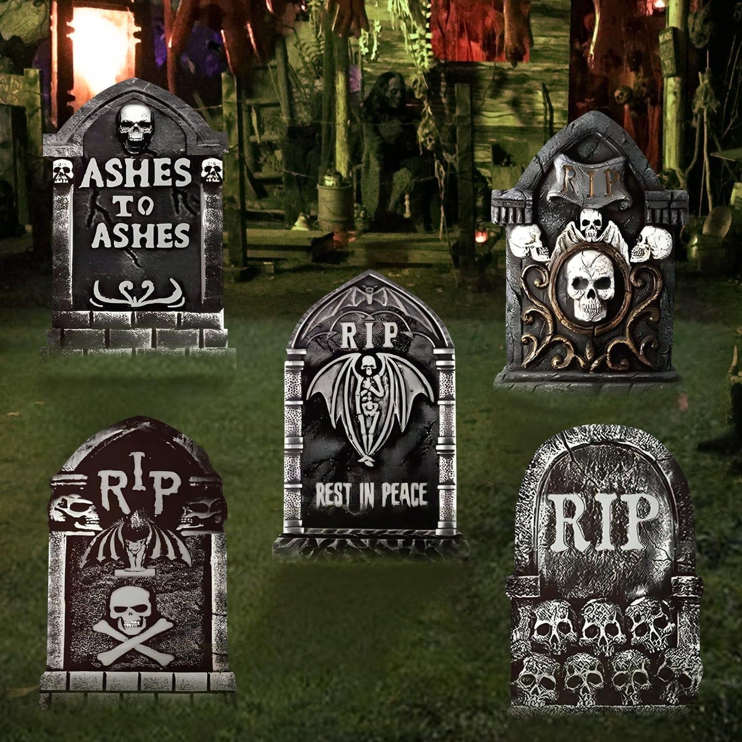 17inch Halloween Tombstones Decorations 5PCS Halloween Graveyard Decoration Outdoor, Plastic Halloween Gravestones Headstone Yard Signs