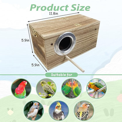 PINVNBY Parakeet Nesting Box, Carbonized Wood Bird Box, Wood Breeding Box for Birds, Budgie Lovebirds Conure Finch Parrot Canary (L: 11.8 x 5.9 x 5.9 inch)