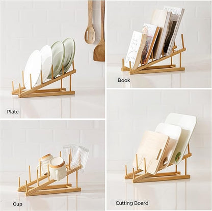 HBlife Bamboo Wooden Dish Drying Rack, 4 PCS Plate/Dish/Book/File/Bowl/Cup/Cutting Board/Pot Lid Organizer for Kitchen Counter, Office, Display Cabinet