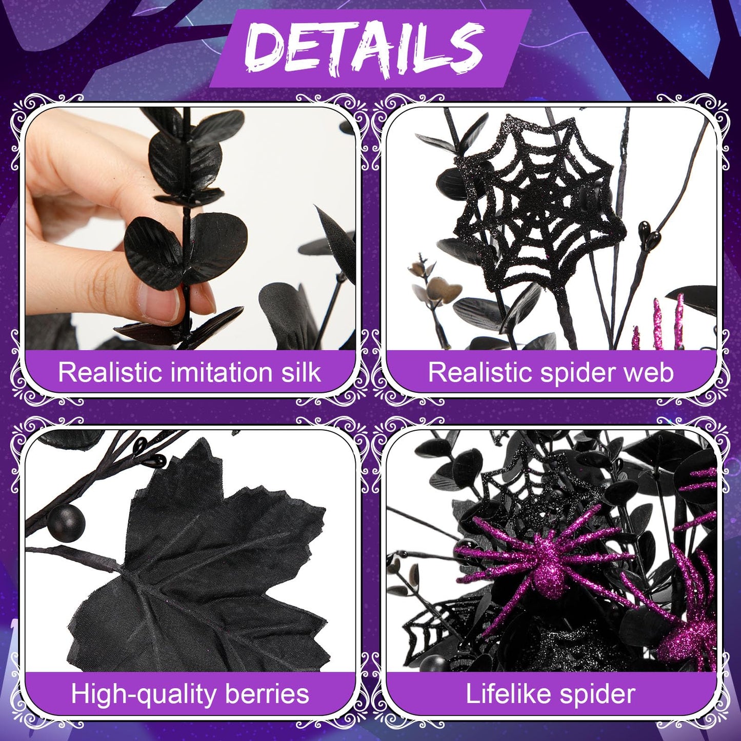 Giegxin 10 Pcs Halloween Floral Picks Halloween Decorations 19.5inch Black Artificial Flowers Branches Eucalyptus Stems Glitter Spiderweb Maple Leaf Stems for Home Indoor Party Vase Arrangement Decor
