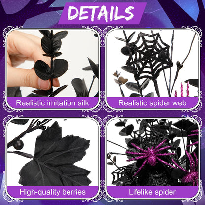 Giegxin 10 Pcs Halloween Floral Picks Halloween Decorations 19.5inch Black Artificial Flowers Branches Eucalyptus Stems Glitter Spiderweb Maple Leaf Stems for Home Indoor Party Vase Arrangement Decor
