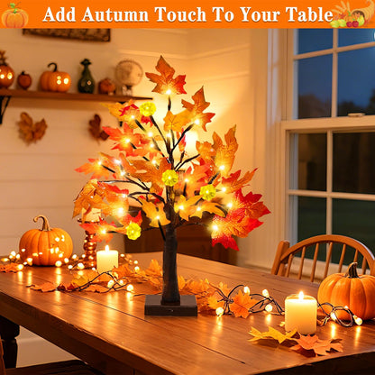 18 Inch Prelit Fall Maple Tree with Pumpkin Lights Timer Fall Decorations for Home, Battery Operated 24 Warm White LEDs for Autumn Halloween Thanksgiving Table Party Home Fall Decor Indoor Outdoor