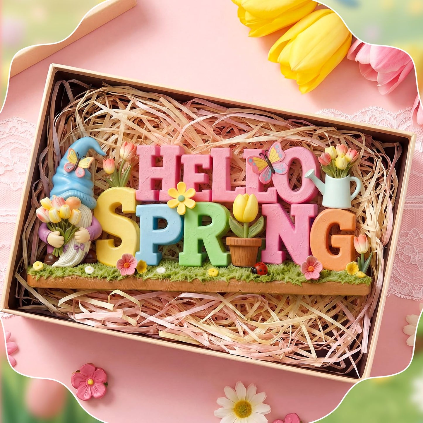 Simgoing 1 Pack Hello Spring Table Decoration Resin Spring Gnome Decorations for Home Pastel Flower Table Sign Festive Floral Statue Tabletop Centerpiece for House Tabletop Tiered Tray Fireplace Decor