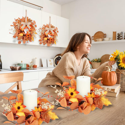 6 Pcs 3 Inch Fall Floral Wreaths Autumn Harvest Sunflowers Pumpkins Leaves Berries Hanging Candle Rings Wreath Mini Thanksgiving Table Centerpiece Wreath for Pillar Cabinets Farmhouse Decoration