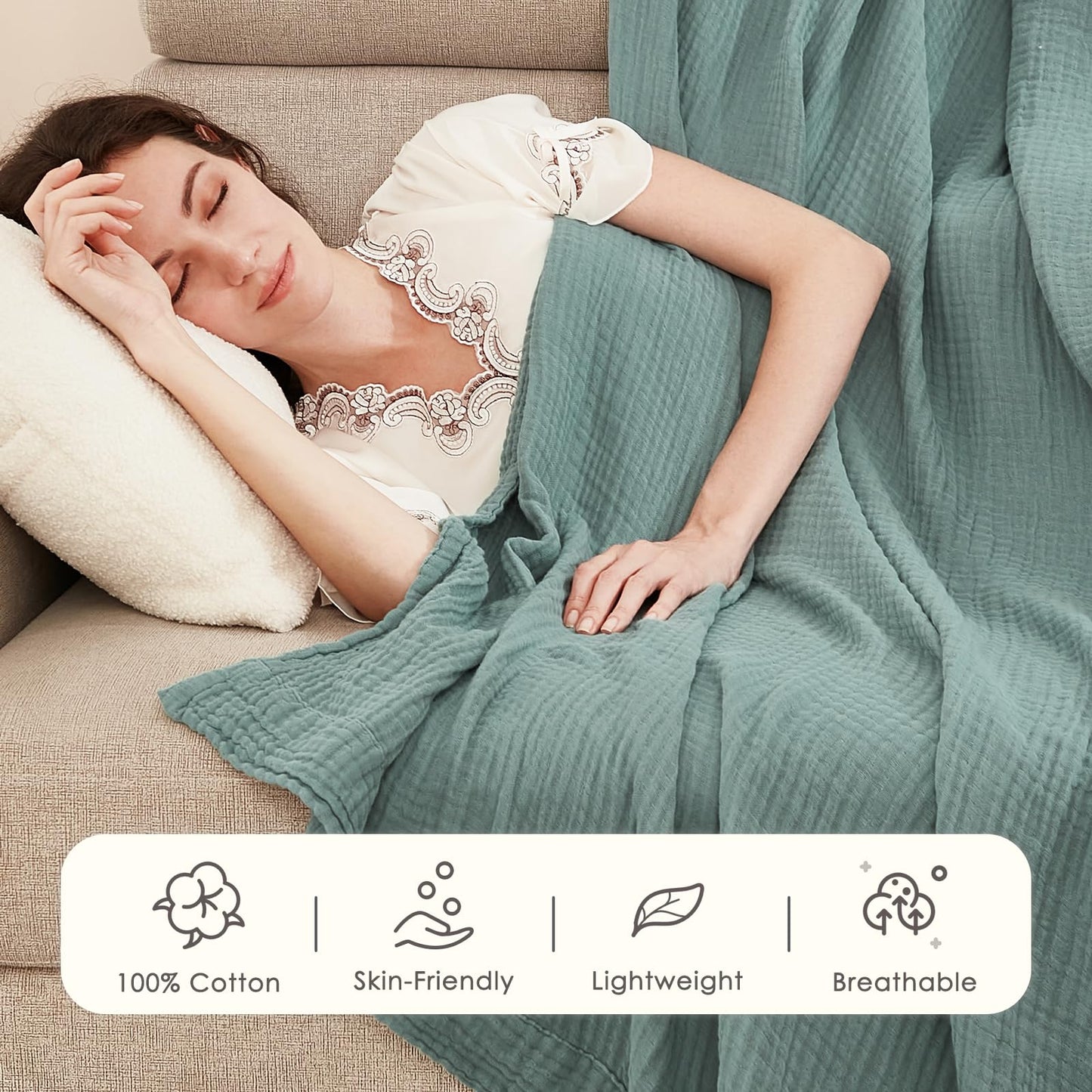 EMME Muslin Throw Blanket for Adults 100% Cotton Blankets for Couch 4-Layer Summer Breathable Gauze All Season Soft and Lightweight Pre-Washed (Teal, 50"x71")
