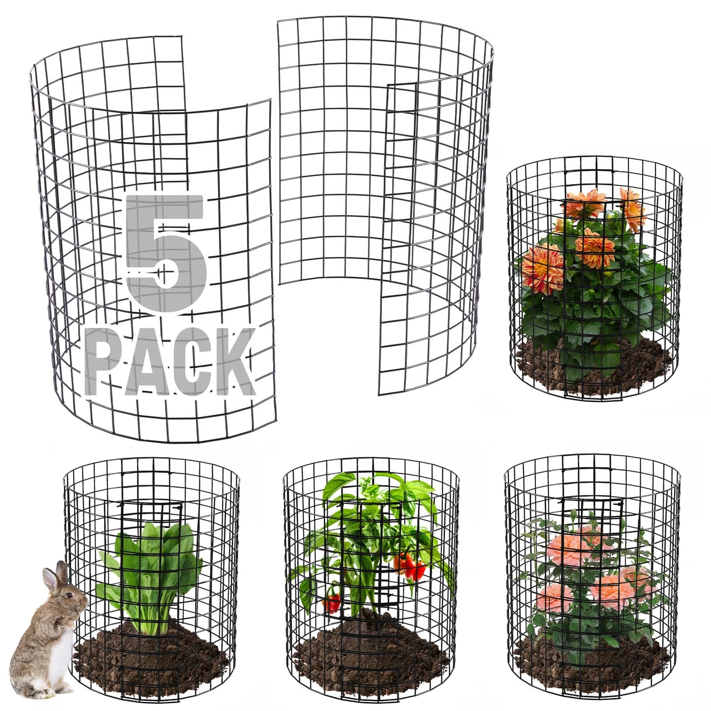 12-gauge Wire Pre-Bent Quick Setup Plant Protectors from Animals -14''H *13''Dia Chicken Wire Plant Cages to Keep Rabbits Deers Squirrels Out, Garden Bunny Barricades with Zip Ties Stakes, 5Pack