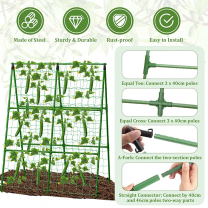 2 Packs Cucumber Trellis for Raised Beds, 31 X 47 Inch Adjustable Size A-Frame Garden Trellis for Climbing Plant Outdoors with Climbing Net and Plant Support Clip for Vegetable Grape Garden Supplies