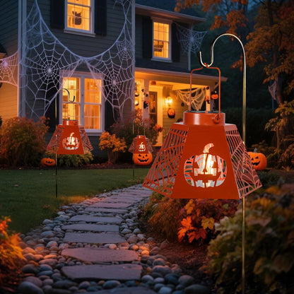 WONDER GARDEN Halloween Lantern Lights, 2 Pack Solar Hanging Pumpkin Lights, Metal Decorative Light for Outdoor Porch Yard Garden Tree Decor