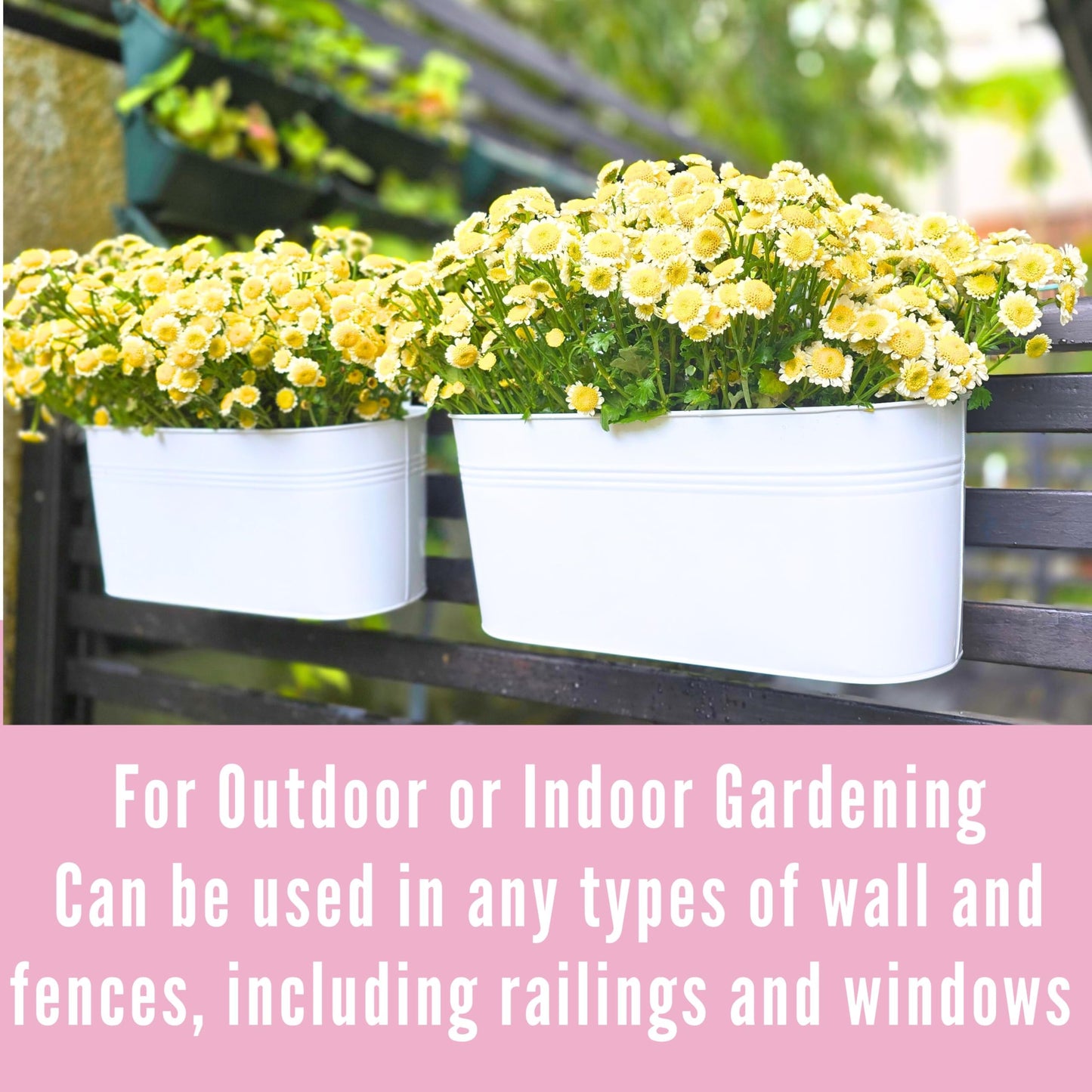 LaLaGreen Outdoor Plants Rail Planter (15 Inch, 2 Pack) White Metal Iron Hanging Flower Pot Deck Railing Fence Bucket Modern Boho Style Wall Mount Window Box Plant Holder Hooks Porch Herb Garden Decor