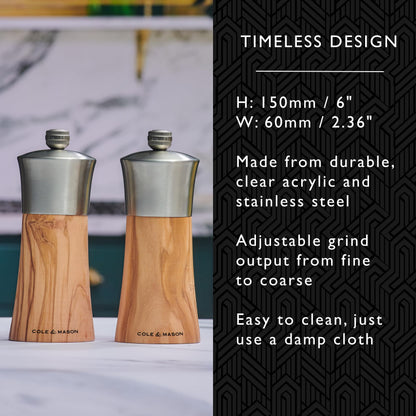 Cole & Mason Bromley Salt Mill, Ceramic Mechanism with Adjustable Coarseness, Olive Wood/Stainless Steel Salt Grinder, 150mm