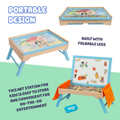 Bluey Art Creation Kids Art Station with 100 Magnets & Whiteboard Lid, Foldable Legs, Art Table for Kids, Storage Pockets