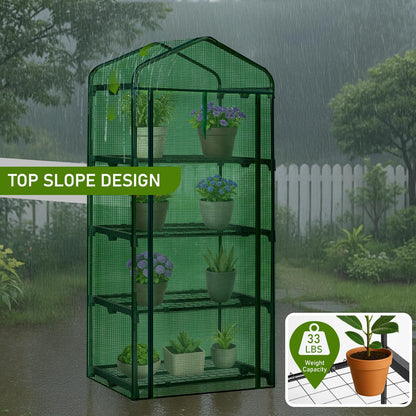 Outvita Mini Greenhouse, Small PE Plant Green House with 4 Tiers Rack, Shelf Clips, Roll-up Zipper Door, Gardening Supplies for Indoor Outdoor Seedling Frost Protection , 27"x19.6"x63" Green