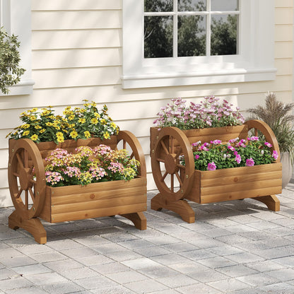 Wieghda Wooden Wagon Planter Box, Standing Garden Planter, Decorative Outdoor Container,Coffee