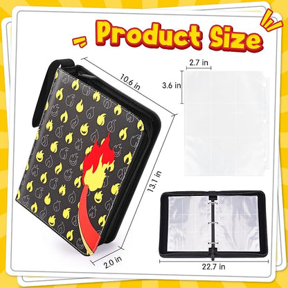 Card Binder – 9 Pocket Zipper Collection Album, Premium PU Holder, Double-Sided Display for 900 Cards, Includes 5 Hard Plastic Sleeves for Game Cards, Sports Cards(Fire)