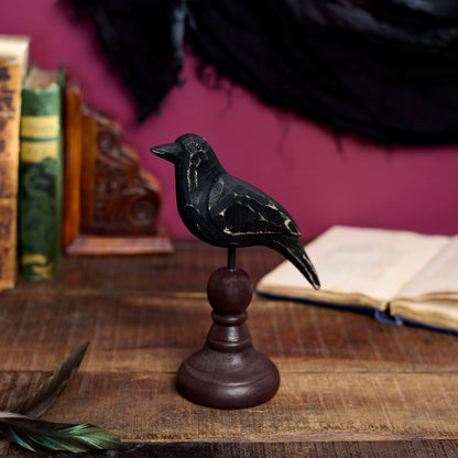 Primitives by Kathy Figurine - Weathered Rustic Crow On Spindle, Burgundy/Black
