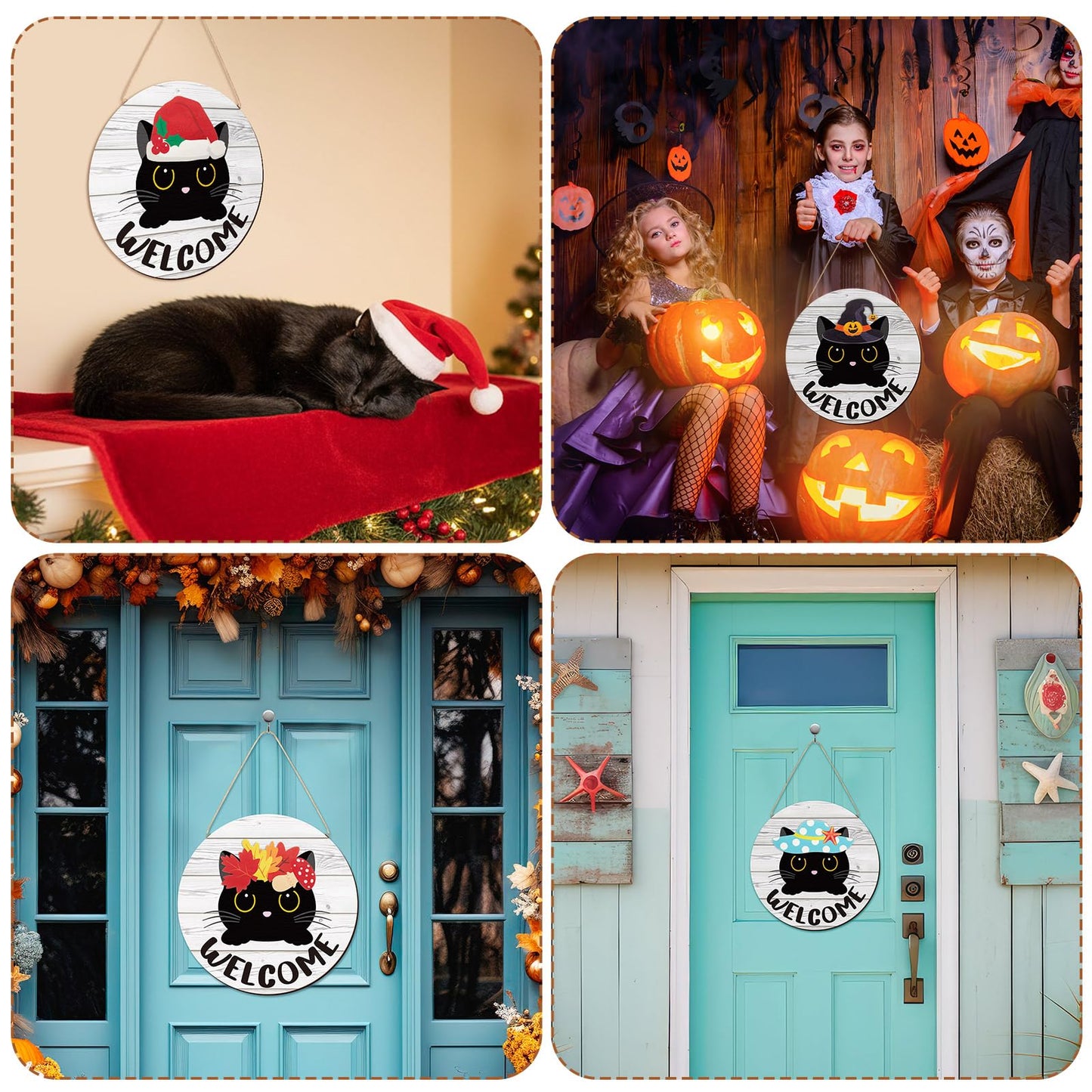 BrightRow Interchangeable Welcome Sign for Front Door with 4 Seasonal 15 Black Cat Headpieces, Wooden Farmhouse Outdoor Porch Sign with 4th of July Patriotic Decor for Cat Lovers, Housewarming Gift