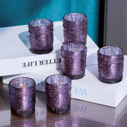 VOHO 12pcs Sunflower Purple Votive Candle Holders for Table Centerpiece, Mercury Tealight Candle Holder for Wedding Decor, Boho Tea Light Candle Holder Glass Gifts for Easter Halloween(2.1x2.6 In,W/H)