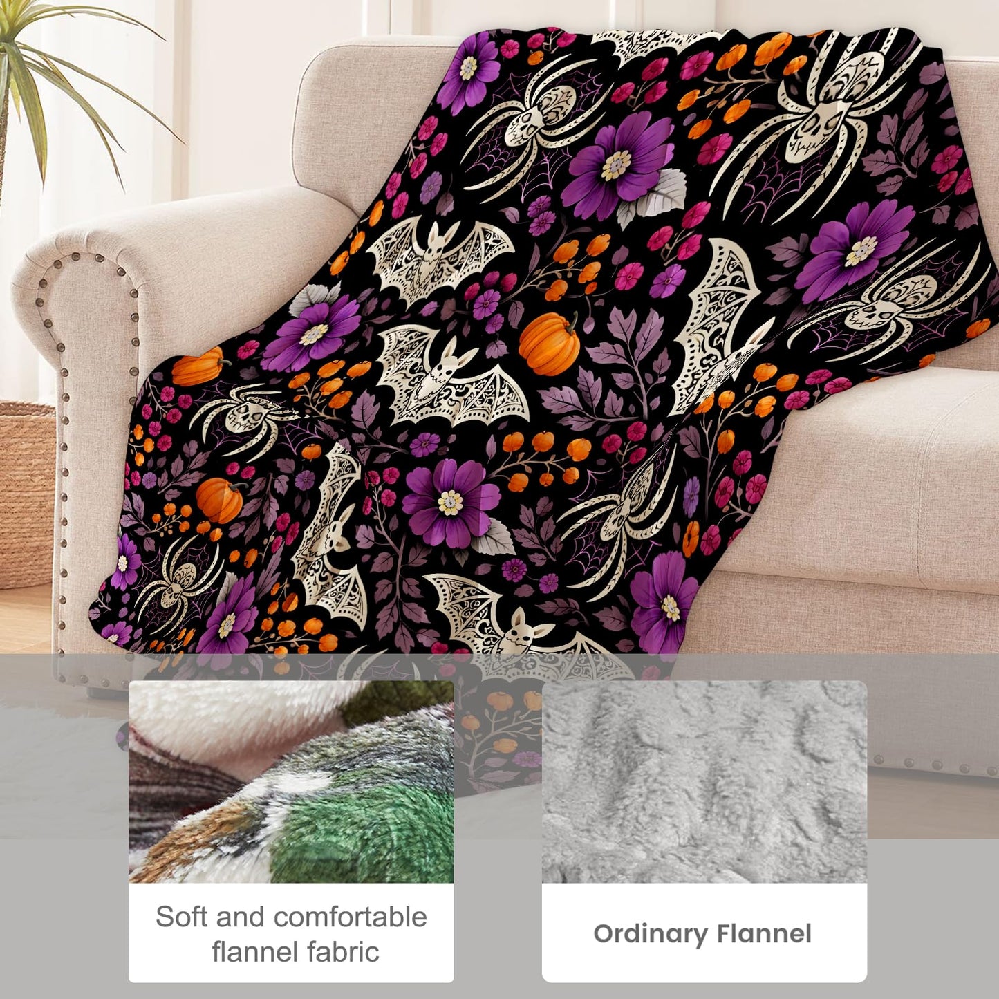 cromcu Halloween Bat Blanket Soft Lightweight, Gothic Spider Pumpkin Floral Flannel Throw Blankets for Bed Sofa Office RV Travel Bathroom Home Spooky Purple Decor, Goth Lovers Gifts 60"X50"