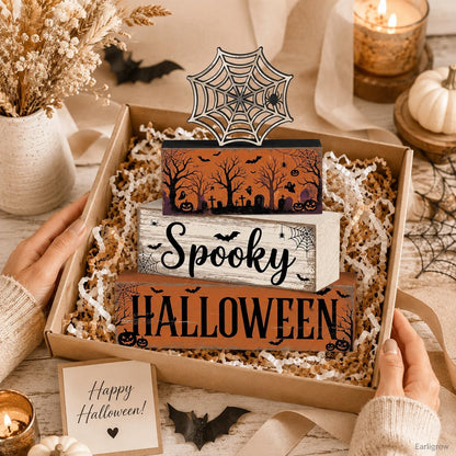 4 Pcs Halloween Table Decorations, Spider Web Tiered Tray Decor, Farmhouse Rustic Wooden Block Signs, Spooky Halloween Tabletop Centerpiece for Home Kitchen Shelf Office Mantel