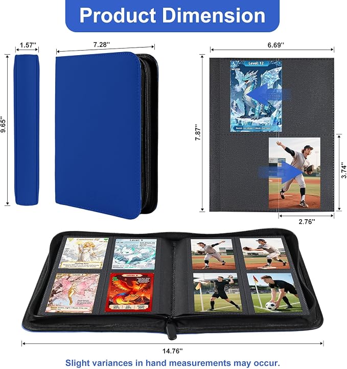 BYSTER 4 Pocket Card Binder, Premium PU Trading Card Binder with Zipper, 160 Capacity Side-Loading Binder for TCG, MTG, Sports Cards, Game Cards, Blue