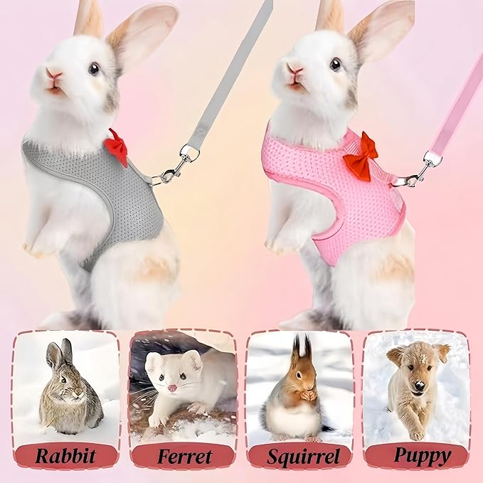 2 Pack Adjustable Bunny Rabbit Harness and Leash Set Breathable Mesh Vest Harness for Rabbits Kitten Ferret Puppy Small Pets Walking Supplies-Grey&Pink,S
