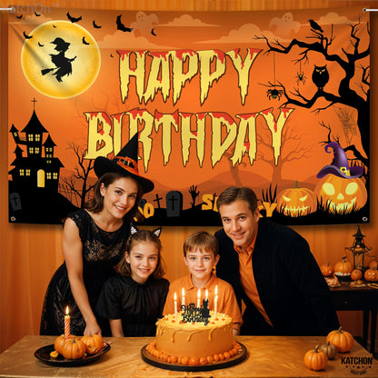 KatchOn, Halloween Happy Birthday Banner - XtraLarge, 72x44 Inch | Spooky Halloween Banner for halloween Birthday Party Decorations | Happy Birthday Backdrop, birthday Decorations Indoor