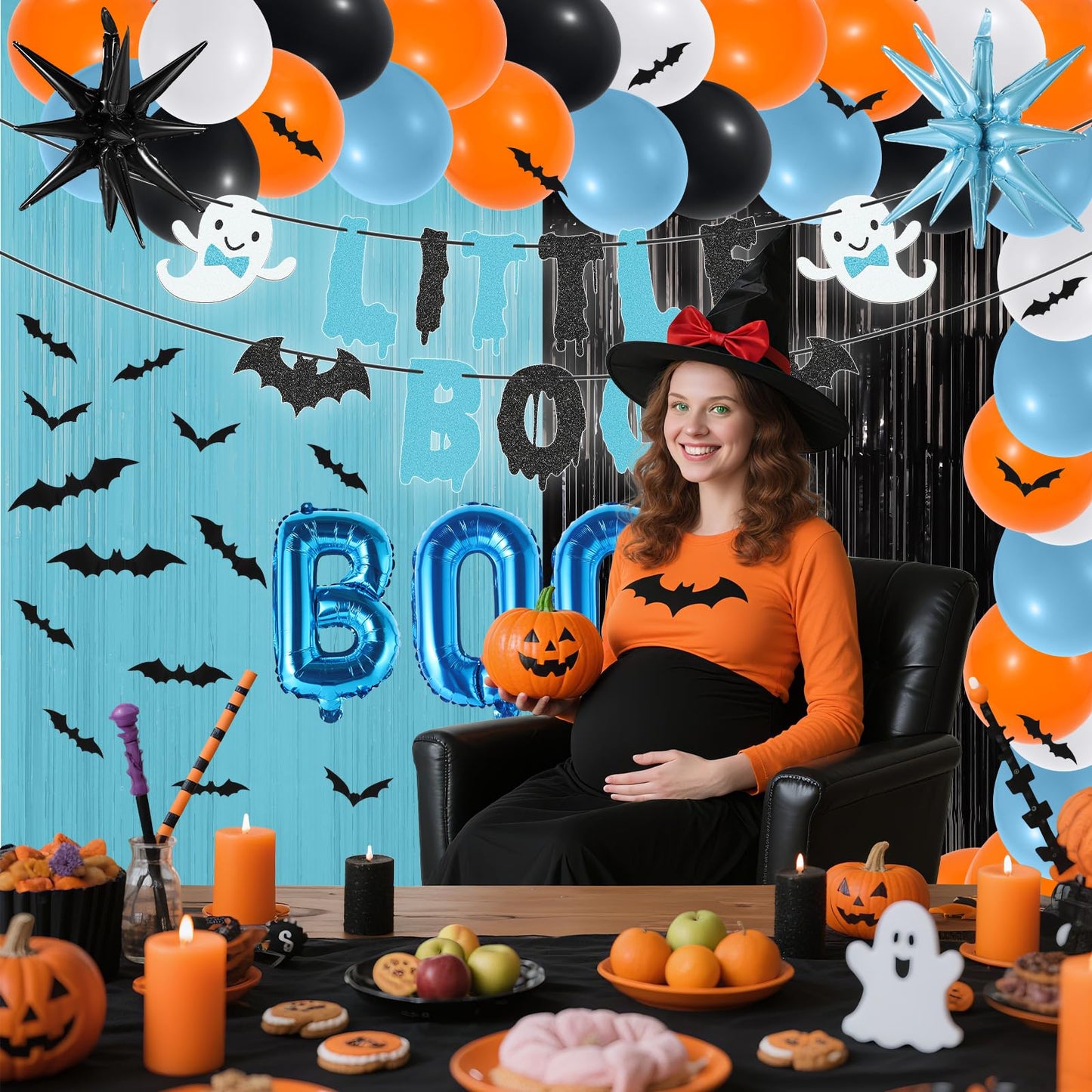80Pcs Halloween Baby Shower Decorations Spooky Little Boo Baby Shower Party Supplies Blue Black Backdrop 3D Bat Stickers Ghost Banner BOO Explosion Star Balloons for Halloween Birthday Gender Reveal
