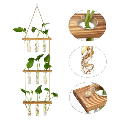 Hyindoor Wall Hanging Propagation Stations 3 Tired Wall Planter Terrarium with Wooden Stand and Glass Test Tubes Plant Hanger Flower Vase for Home Office Wall Decor Hydroponic Cuttings