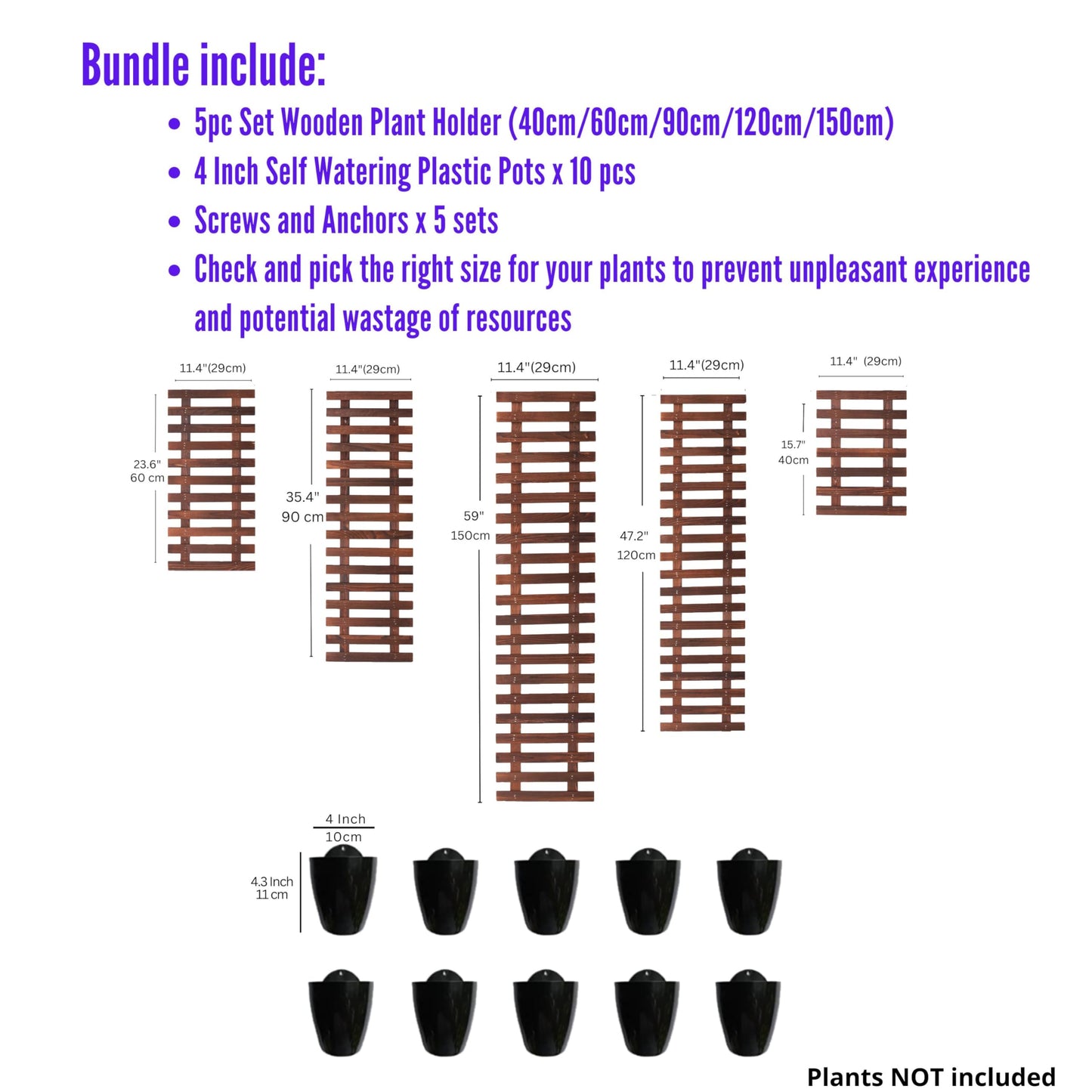 ShopLaLa Bundle- 5 Pack Set Wooden Hanging Plant Holder + 10 Pack, 4 Inch Black Self Watering Plastic Pots Large Wall Mount Vertical Hydroponic Live Garden Rustic Farmhouse Huge Shelves Modern Decor