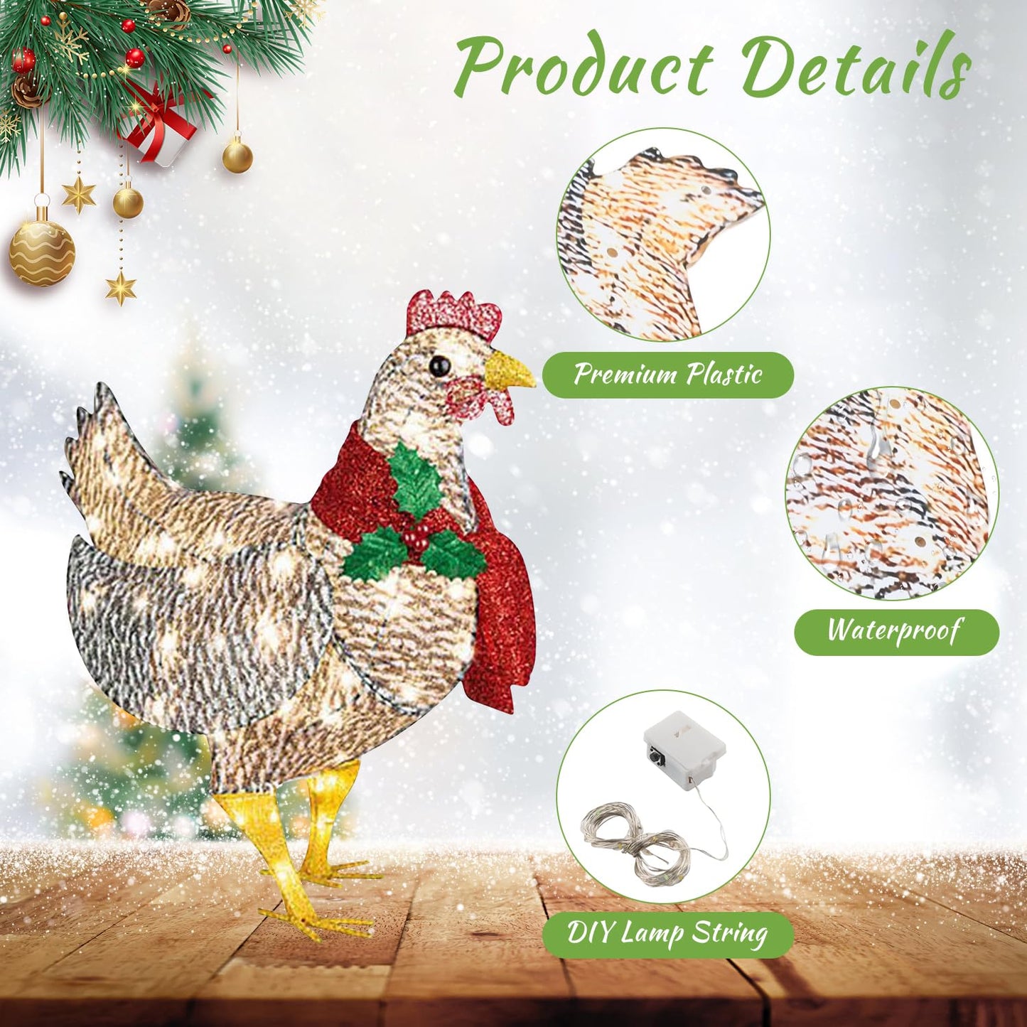 Light Up Chicken Outdoor Christmas Decor, Lights LED Yard Signs with Stakes Chicken Ornaments, Light Up Chicken with Scarf for Xmas Gifts Courtyard Lawn Garden Christmas Feeling Decoration