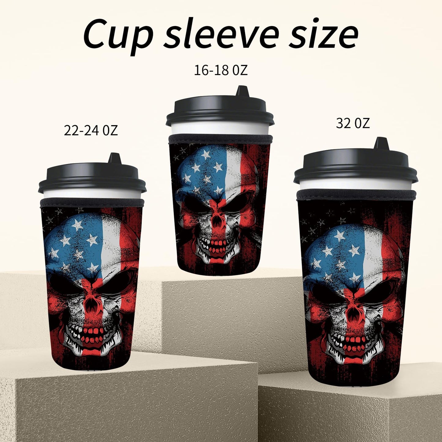 AMZXCFGL 3 Pack Reusable Neoprene Insulator Sleeve for Iced Coffee Cups, Cute Funny Coffee Cup Sleeve, Universal Fit 16-32oz Cups for Hot Cold Beverages Cute Skull Flag