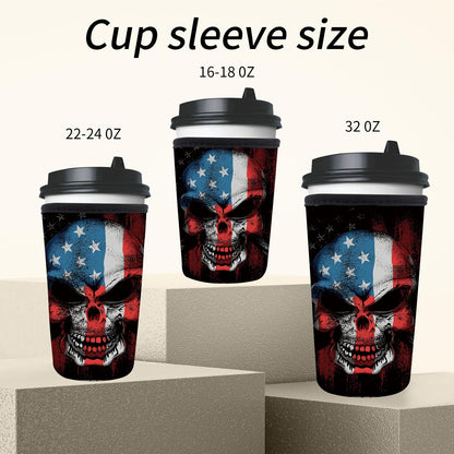 AMZXCFGL 3 Pack Reusable Neoprene Insulator Sleeve for Iced Coffee Cups, Cute Funny Coffee Cup Sleeve, Universal Fit 16-32oz Cups for Hot Cold Beverages Cute Skull Flag