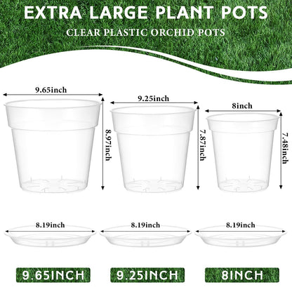 Baderke 3 Pack Clear Nursery Pot Plastic Nursery Pot Large Plant with Drainage Holes for Root Health Indoor Outdoor (8 Inches,9.25 Inches,9.6 Inch)