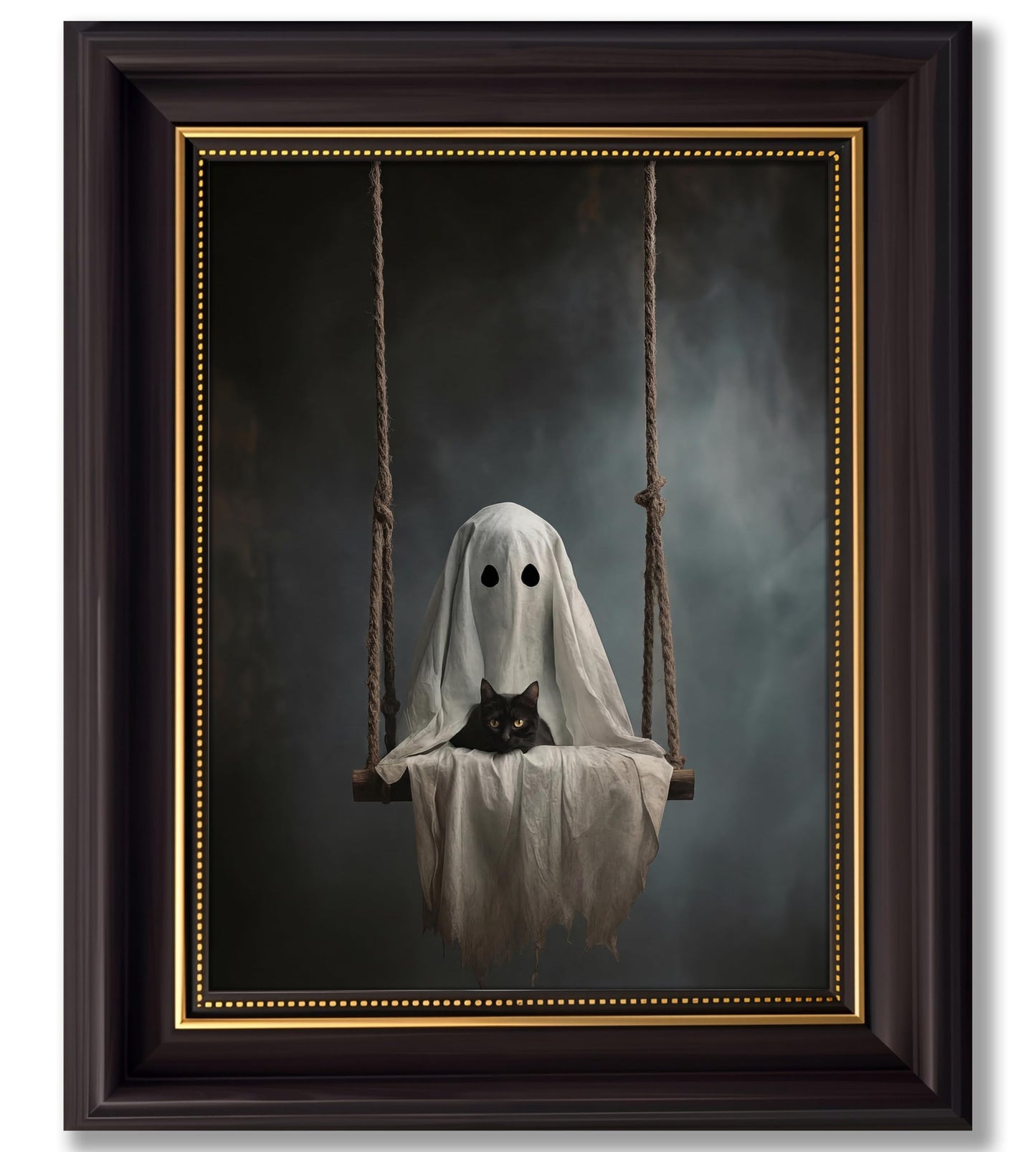 Vbaourut Framed Halloween Black Cat Wall Art, Moody Ghost on Swing Canvas Painting, Spooky Feline Poster with Dark Brown Frame and Upgraded Hook and Loop for bedroom，Study, 9x11 in