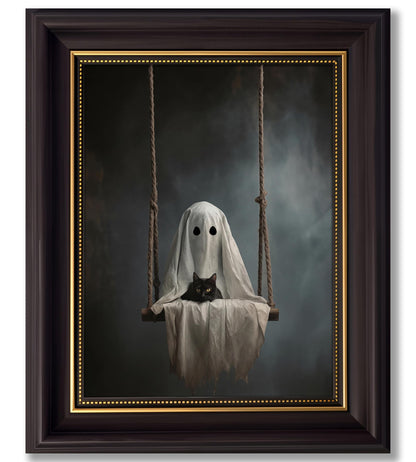 Vbaourut Framed Halloween Black Cat Wall Art, Moody Ghost on Swing Canvas Painting, Spooky Feline Poster with Dark Brown Frame and Upgraded Hook and Loop for bedroom，Study, 9x11 in