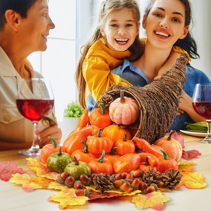 Thanksgiving Cornucopia Basket Set Fall Table Centerpieces 13.78'' Thanksgiving Large Cornucopia Horn of Plenty Harvest Decorations with 100 Pcs Artificial Leave Acorn Pumpkin for Table Home(Rustic)