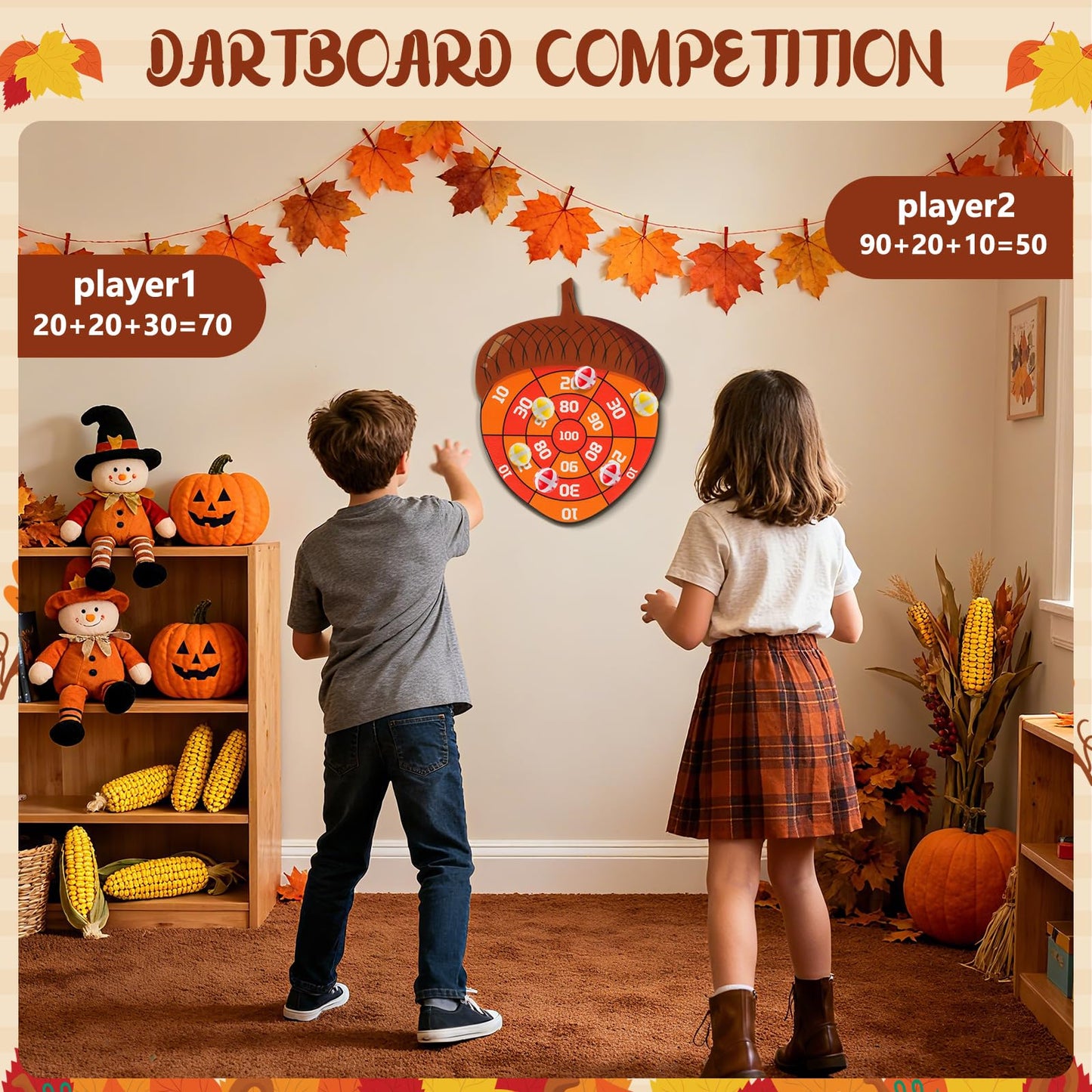 TEASIK Thanksgiving Acorn Dart Board - Fall Crafts for Kids,Halloween & Thanksgiving Decorations with 10 Balls,Autumn Party Wall Decor for Family Game Night (21.3x16.5 Inch)