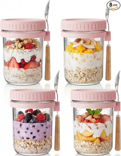 HomArtist Glass Overnight Oats Containers with Lids and Spoon, 16oz Wide Mouth Mason Jars for Overnight Oats, Cereal, Yogurt, Salad Lunch Container with Measurement Marks - Pink 4 Pack