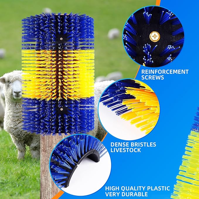 Extra Large Size Livestock Scratching Brush, Upgraded Horse/Goat/Cow/Cattle Scratcher Brush for Grooming, Itch Relief Horse Scratcher Brushes Kit with Two Sets of Mounting Screws(2-Pack,Yellow)