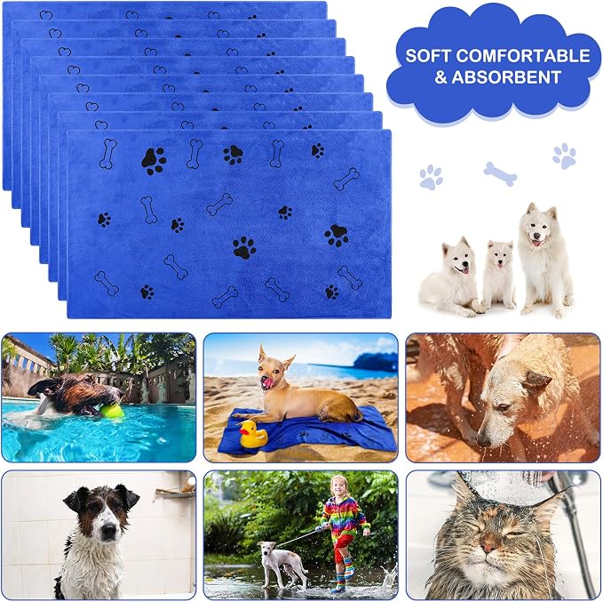 Chumia 8 Pcs Dog Towels for Drying Dogs Cats Pet Towels Bulk Puppy Microfiber Fast Drying Paw Bath Bathing Supplies Absorbent for Medium Pets(40 x 24 Inch,Dog Paw and Bone,Dark Blue)
