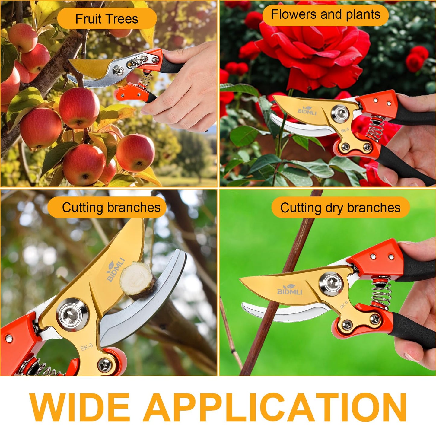 Heavy Duty Pruning Shears，Garden Scissors & Clippers with Red-BIDMLI 8.66" SK5 Steel Blades & Aluminum Alloy Handles, Tree Branch Cutter, Ideal for Thick Branches, Dry Twigs, Flower Pruning Tool.