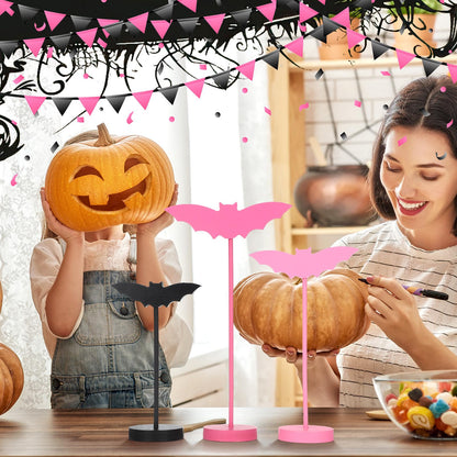 Geetery 6 Pieces Halloween Table Decorations Tall Standing Bat Decor Wood Sign Block Wooden Bats Centerpieces Rustic Tabletop Home Table Topper Sign for Halloween Party Favor Home Room Decor (Pink)